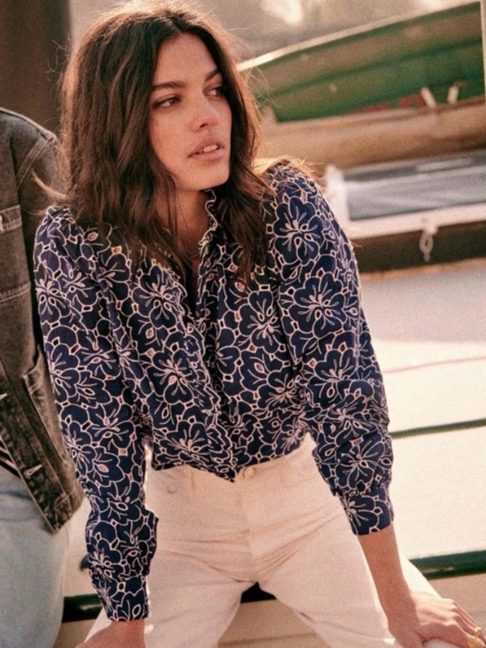 Sézane Mathilda Navy Ecru Floral Ruffle Button Shirt Size 36 US 4
